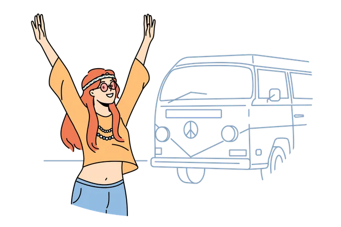 Hippie woman is waiting for school bus  Illustration