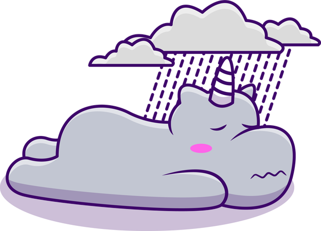 Hippo Lying With Rainy Cloud  Illustration