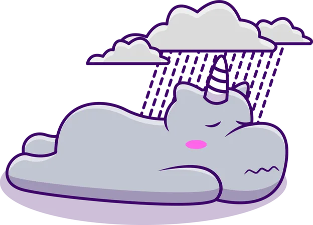 Hippo Lying With Rainy Cloud  Illustration