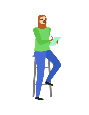 Hipster Animal Vector Isolated Sloth Sitting On Stool Holding Note And Noting Info Document Paper In Hands Of Student Worker With Task Listening Illustration