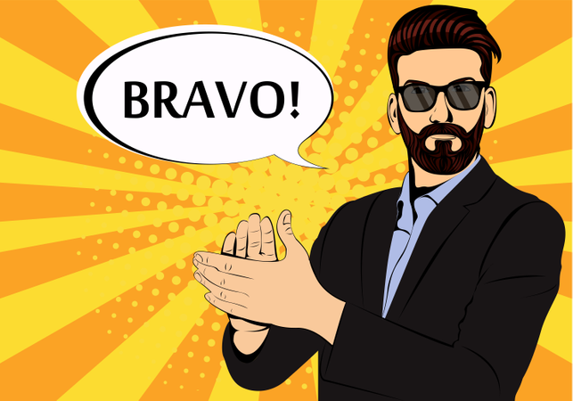 Hipster barba empresario aplausos bravo concepto de éxito estilo retro pop art  Ilustración