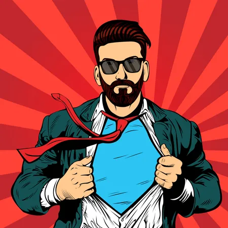 Hipster, barba, macho, hombre de negocios, arte pop, retro, vector, ilustración  Ilustración