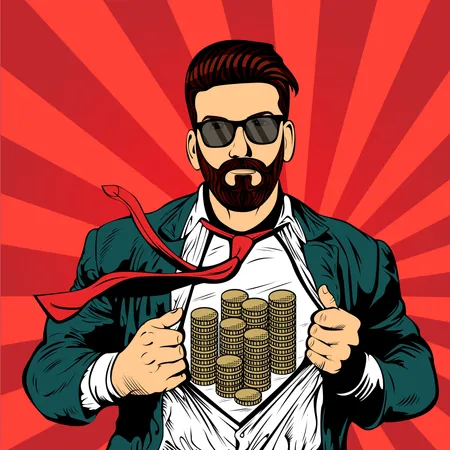 Hipster, barba, macho, hombre de negocios, arte pop, retro, vector, ilustración  Ilustración