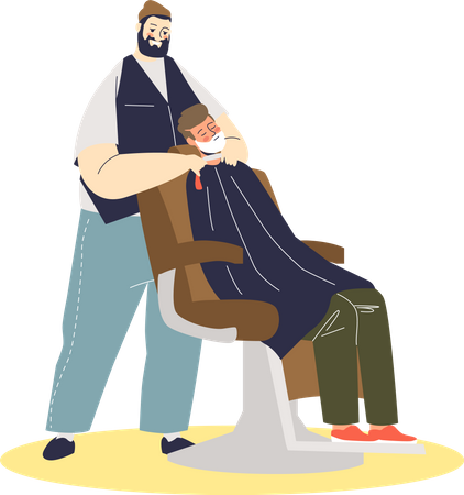 Barbeiro moderno raspando a barba dos clientes em espuma  Ilustração