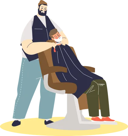 Hipster barber shaving clients beard in foam  Illustration