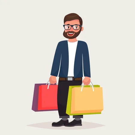 Un homme hipster barbu à lunettes fait du shopping avec les colis  Illustration