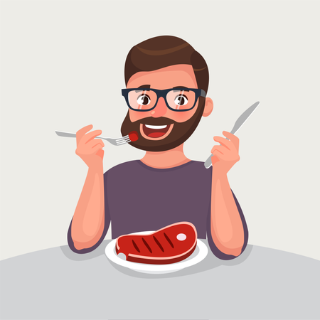 Hipster beard man is eating a meat  Illustration