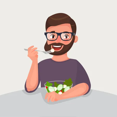 L'uomo con la barba hipster sta mangiando un'insalata  Illustration