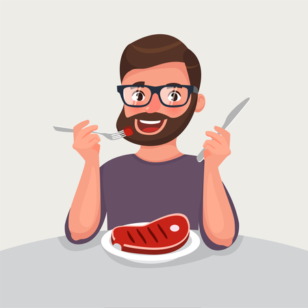 L'uomo con la barba hipster sta mangiando una carne  Illustration