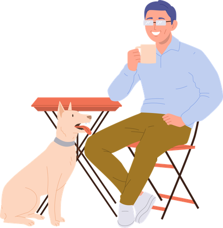 Homem freelancer hipster com cachorro visitando um café para comer e sair  Ilustração