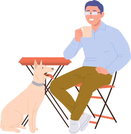 Homem freelancer hipster com cachorro visitando um café para comer e sair  Ilustração