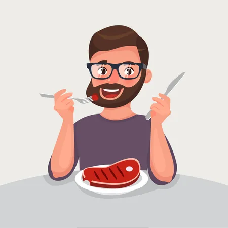 Homem de barba hipster está comendo carne  Ilustração