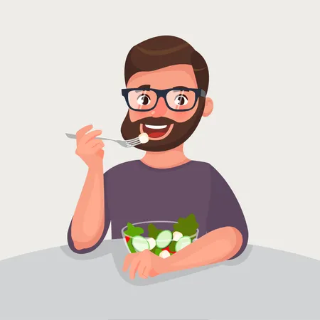 Homem de barba hipster está comendo uma salada  Ilustração