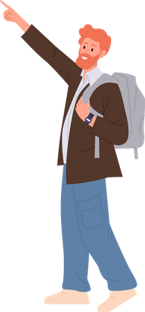 Personagem de mochileiro viajante hipster apontando a mão para cima  Ilustração