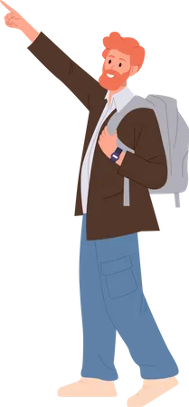 Personagem de mochileiro viajante hipster apontando a mão para cima  Ilustração