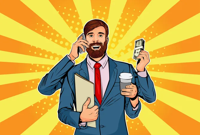 Homme d'affaires hipster avec barbe et concept d'entreprise à plusieurs mains de gestion du temps et de multitâche. Illustration vectorielle de style rétro pop art  Illustration