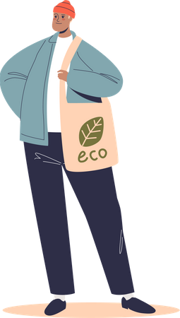 Un homme hipster transporte des produits dans un sac écologique en textile, emballage vert naturel  Illustration