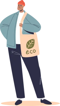 Best Hipster man carry products in textile eco bag natural green packing  Illustration download in PNG & Vector format