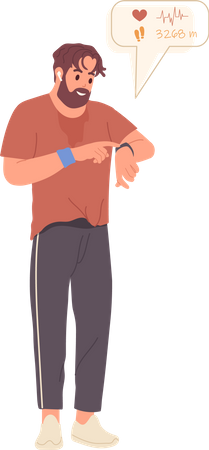 Hipster man character using smartwatch for tracking steps  Illustration