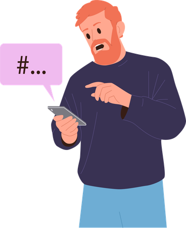 Hipster man using smartphone and following hashtag in social media network  Illustration