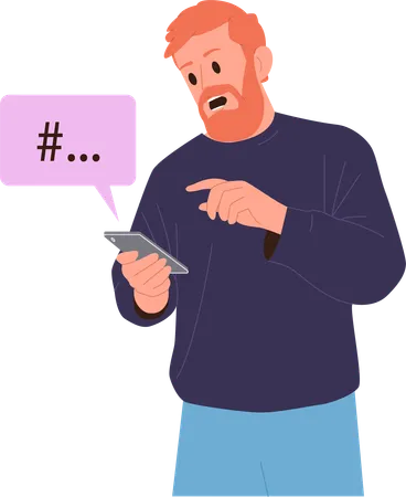 Hipster man using smartphone and following hashtag in social media network  Illustration
