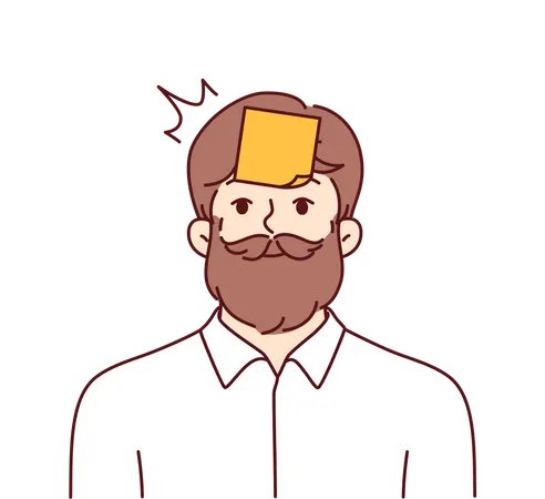 Hipster man with sticky notes on forehead tries to guess what is written on sticker  イラスト