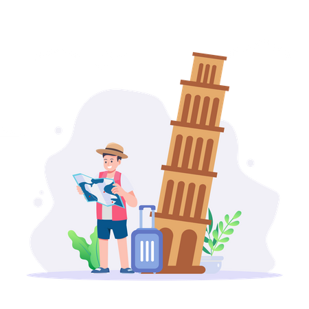 Hipster Man With Suitcase Visiting Pisa Tower  Illustration