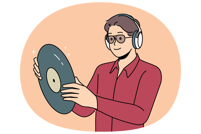 Hipster man with vinyl record listens to music in headphones while collecting retro discs  Illustration
