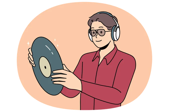 Hipster man with vinyl record listens to music in headphones while collecting retro discs  Illustration