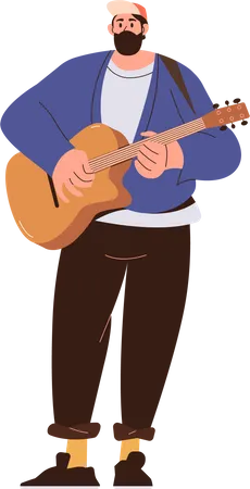 Hipster rock man holding and playing acoustic guitar  Illustration