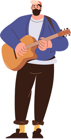 Hipster rock man holding and playing acoustic guitar  イラスト
