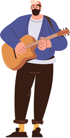 Hipster rock man holding and playing acoustic guitar  イラスト