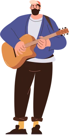 Homme de rock hipster tenant et jouant de la guitare acoustique  Illustration