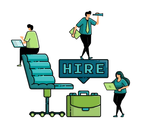 Illustration Of Hiring With The Words HIRE And Work Chair On Top Of Briefcase For Metaphor Of People Looking For Job Vacancies In Better Or Higher Positions Illustration