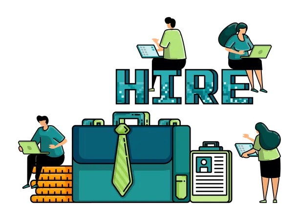 Illustration Of Hiring With The Words HIRE And A Tie Tied To A Briefcase Metaphor Of People Looking For White Collar Worker Job Vacancies In The Financial Services Or Banking Sector 일러스트레이션