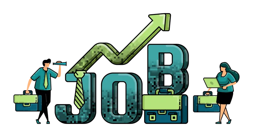 Illustration Of Hiring With The Word JOB In 3 D And Graph Increase That Metafor Company Wants To Open Job Vacancies To Improve The Performance And Progress Of Corporate Growth Illustration