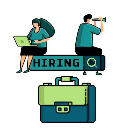 Illustration Of Hiring With People Sit On Search With The Words HIRING On Top Of Briefcases For Job Seekers Looking For Vacancies Illustration