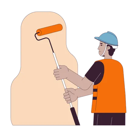 Hispanic Construction Worker Painting Walls 2 D Linear Cartoon Character Male Latino Labourer Holding Paint Roller Isolated Line Vector Person White Background Repair Color Flat Spot Illustration Illustration