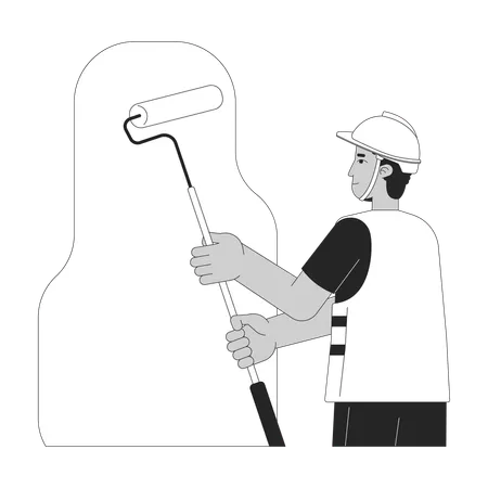 Hispanic Construction Worker Painting Walls Black And White 2 D Line Cartoon Character Male Latino Labourer Holding Paint Roller Isolated Vector Outline Person Monochromatic Flat Spot Illustration Illustration