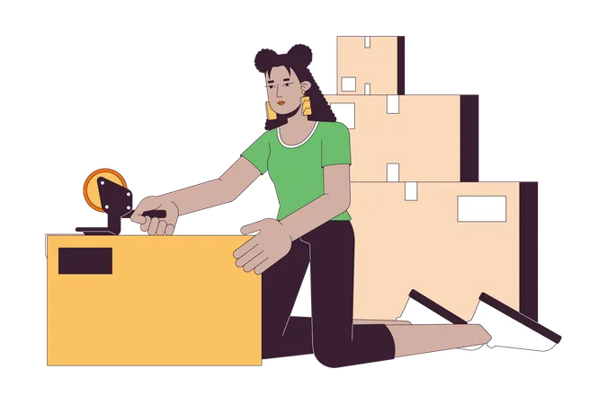 Hispanic Girl Packing Moving Boxes Line Cartoon Flat Illustration Latina Woman Wrapping Belongings Shipping Tape 2 D Lineart Character Isolated On White Background Moving Out Scene Vector Color Image 일러스트레이션