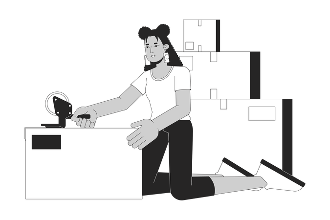 Hispanic girl packing moving boxes  Illustration