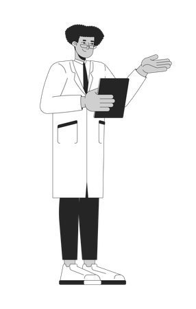 Hispanic male doctor in white coat explaining with clipboard  Illustration