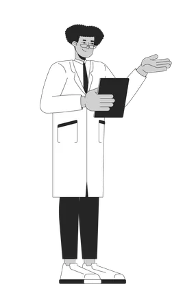 Hispanic male doctor in white coat explaining with clipboard  Illustration