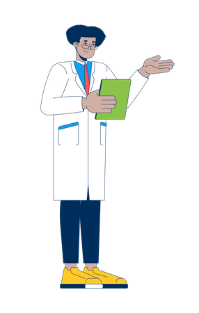 Hispanic male doctor in white coat explaining with clipboard  Illustration