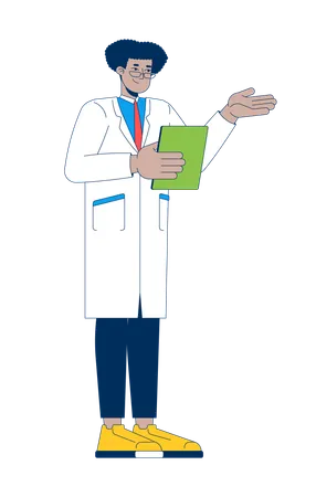 Hispanic male doctor in white coat explaining with clipboard  Illustration