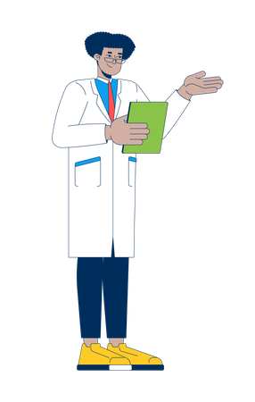 Hispanic male doctor in white coat explaining with clipboard  Illustration