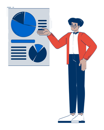 Hispanic male employee presenting pie charts and data visualization  Illustration