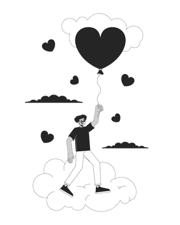 Hispanic Man Flying With Balloon Above Clouds Black And White 2 D Line Cartoon Character Cloudy Heart Baloon Male Latin American Isolated Vector Outline Person Monochromatic Flat Spot Illustration Illustration