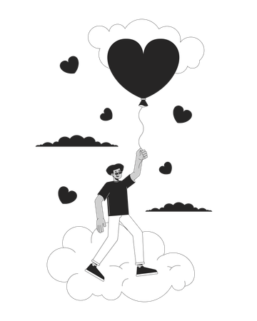 Hispanic man flying with balloon above clouds  Illustration