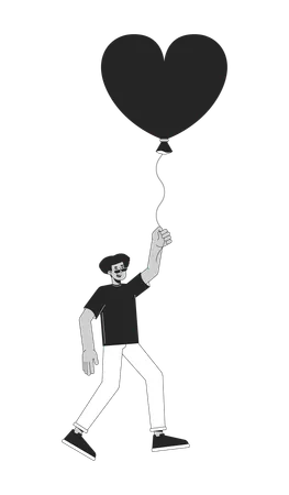 Hispanic Man Flying With Balloon In Hands Black And White 2 D Line Cartoon Character Heart Shaped Baloon Male Latin American Isolated Vector Outline Person Dreamy Monochromatic Flat Spot Illustration Illustration